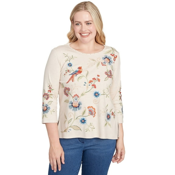 Alfred Dunner Womens Petite Allover Floral Embroidered Crew Neck Top