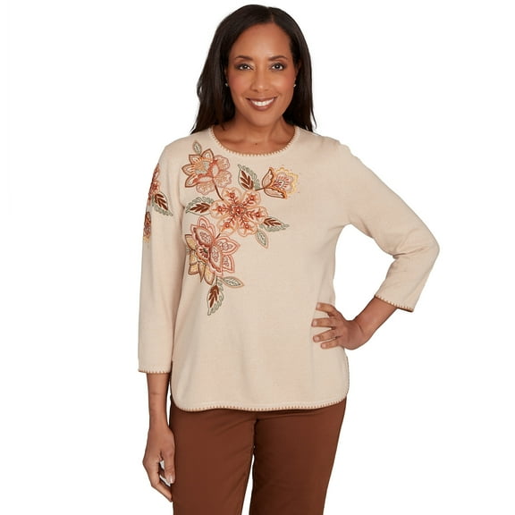 Alfred Dunner Womens Petite Asymmetrical Embroidered Flower Sweater
