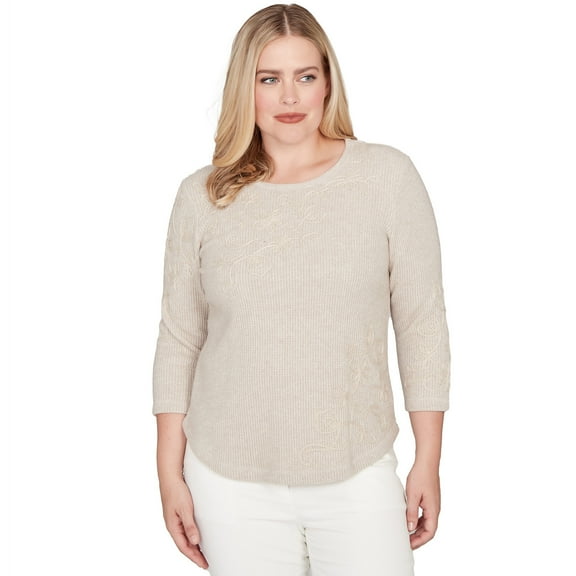 Alfred Dunner Womens Petite Asymmetrical Floral Soutache Knit Top