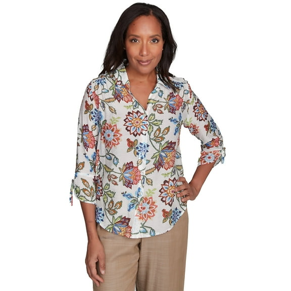 Alfred Dunner Womens Petite Batik Floral Button Front Top