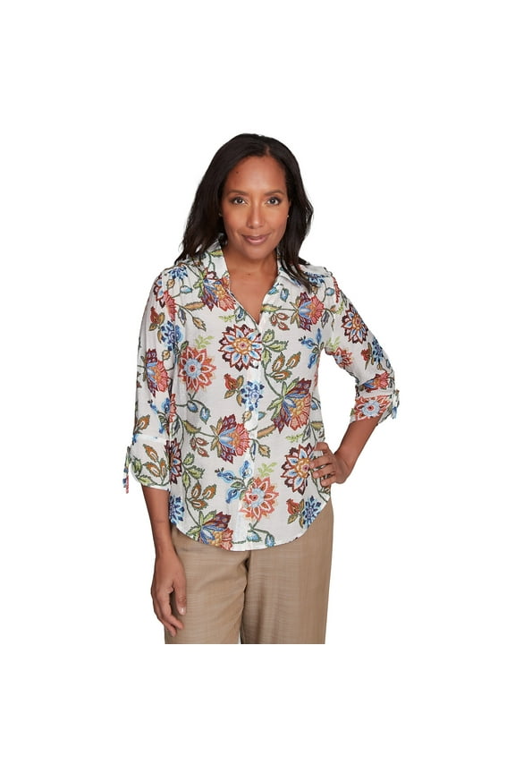 Womens Petite Batik Floral Button Front Top