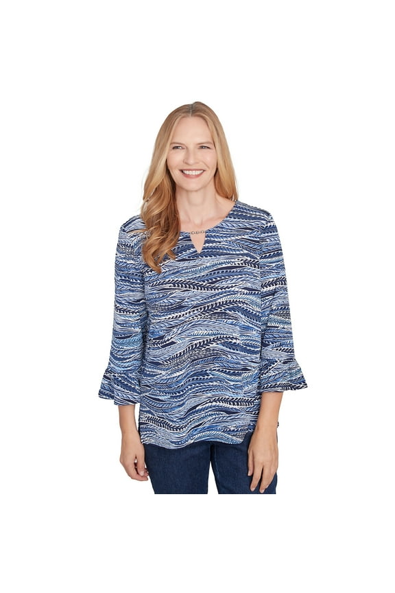 Womens Petite Beaded Split Neck Feathers Top