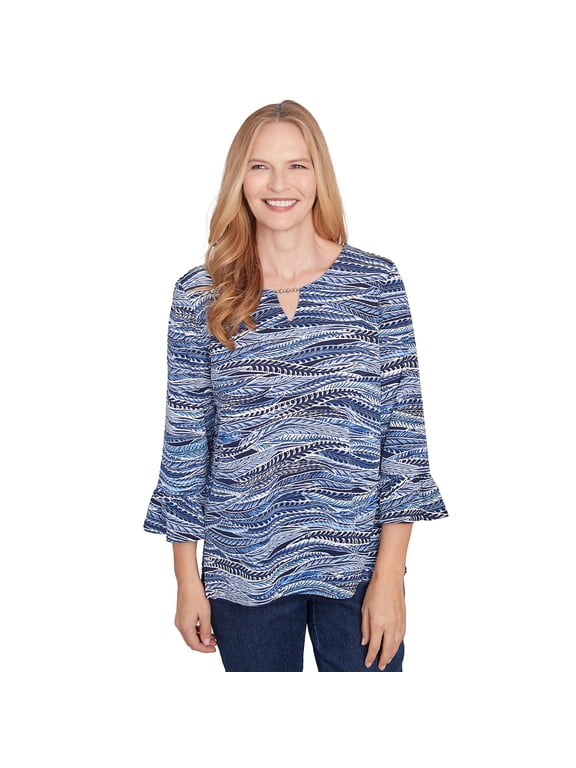 Womens Petite Beaded Split Neck Feathers Top