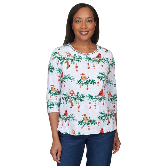 Alfred Dunner Womens Petite Birds On A Branch Double Strap Top