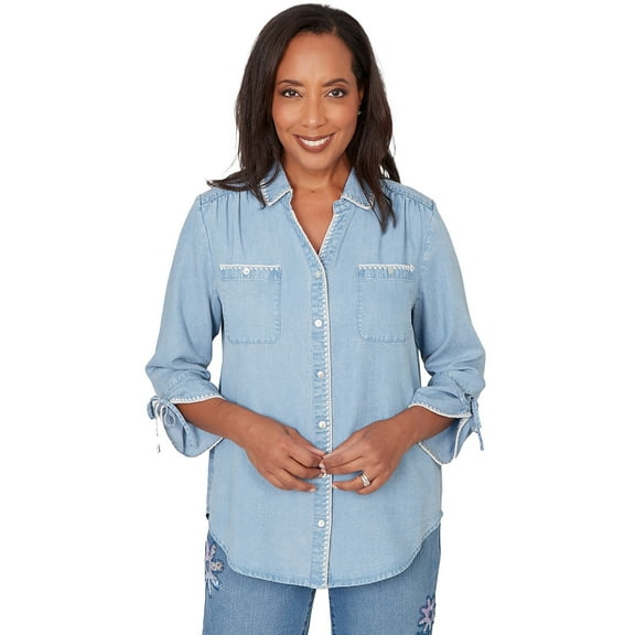 Alfred Dunner Womens Petite Blanket Stitch Trim Button-Front Top