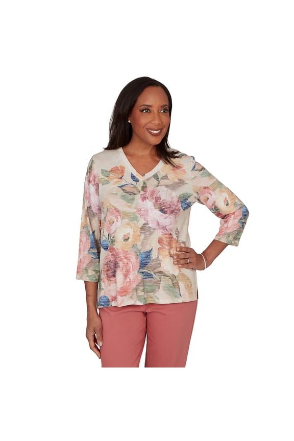 Womens Petite Bold Roses V-Neck Knit Top