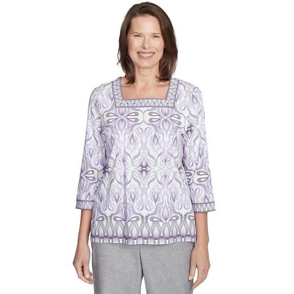Alfred Dunner Womens Petite Border Medallion Kaleidoscope Top
