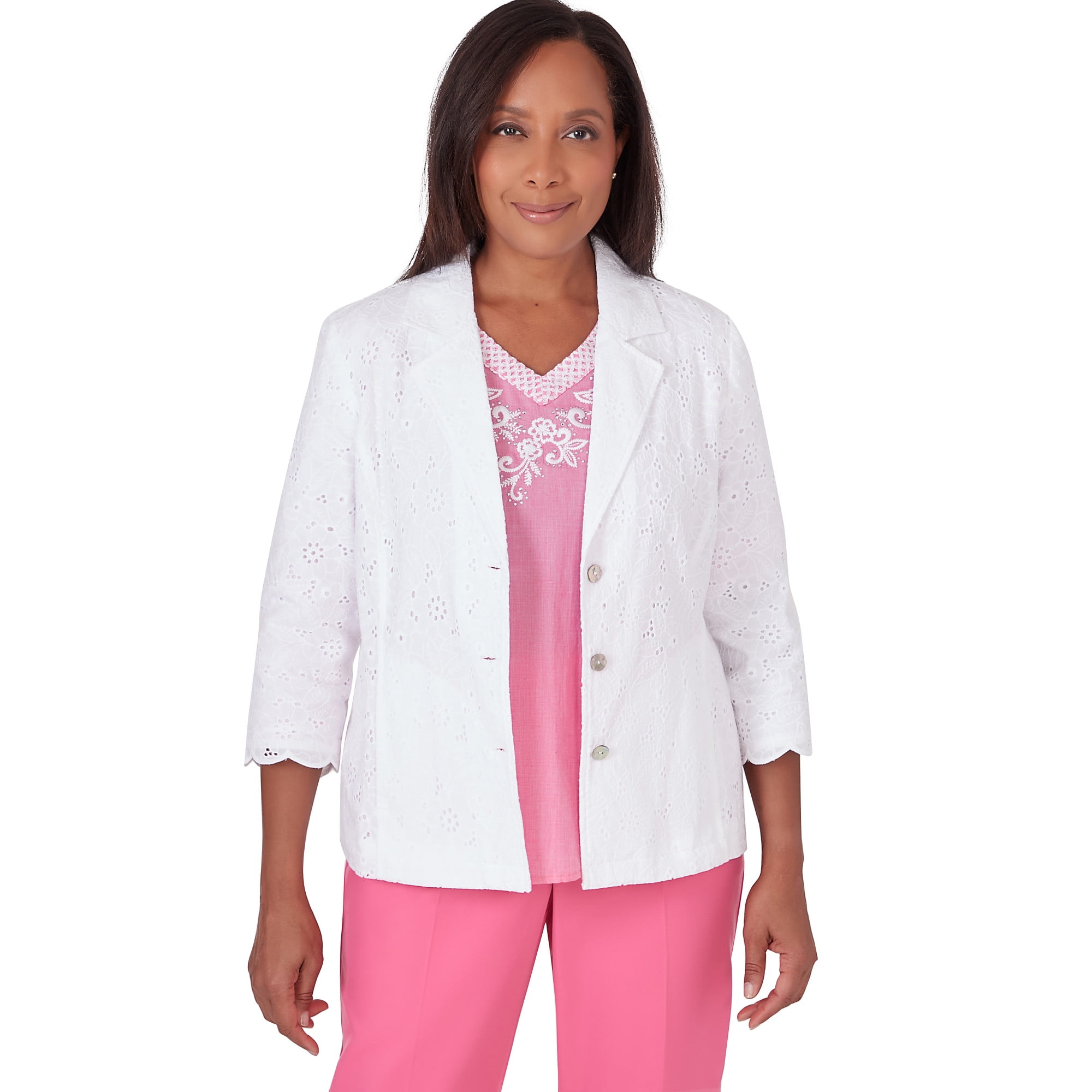 Alfred Dunner Womens Petite Button Front Eyelet Jacket