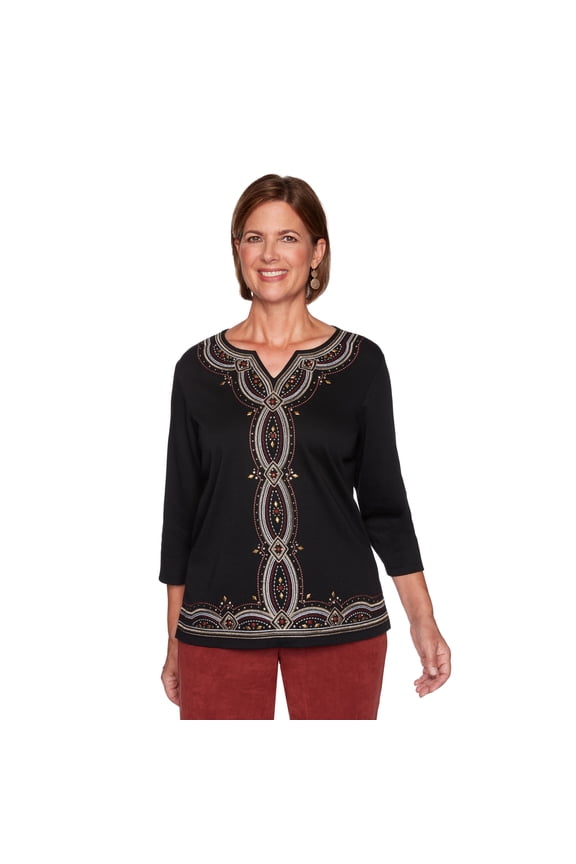 Womens Petite Casual Fashion Embroidered Solid Knit Top