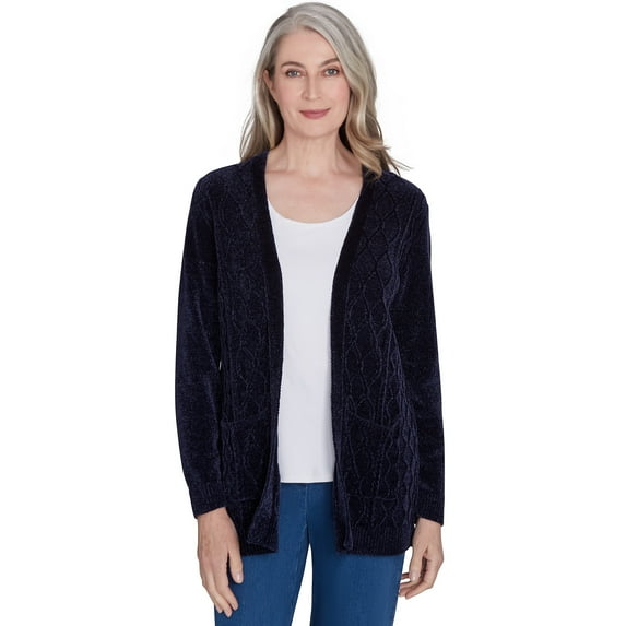 Alfred Dunner Womens Petite Chenille Cardigan With Pockets