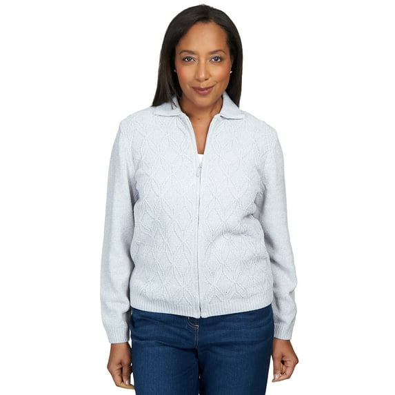 Alfred Dunner Womens Petite Chenille Metallic Zip Front Cardigan