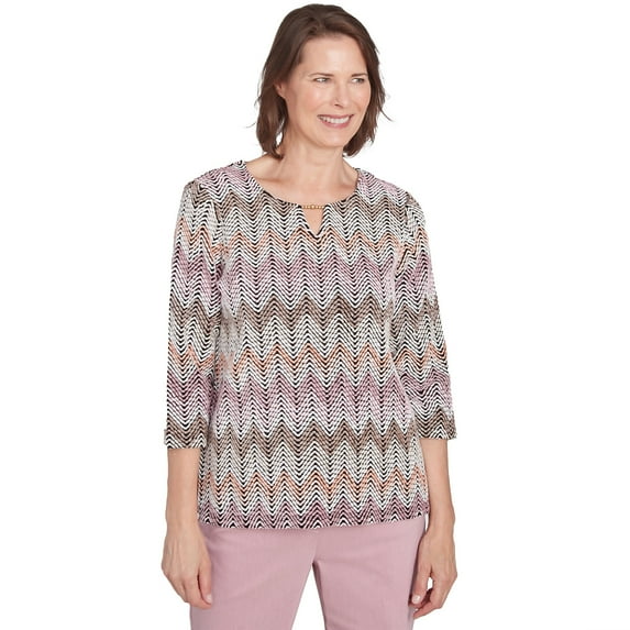 Alfred Dunner Womens Petite Chenille Zig Zag Split Neck Top
