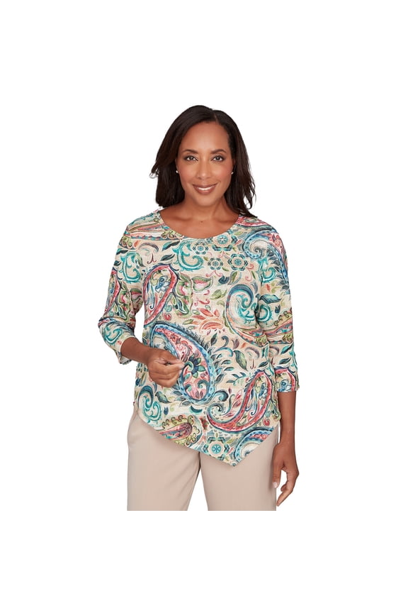 Womens Petite Classic Paisley Print Pullover Knit Top