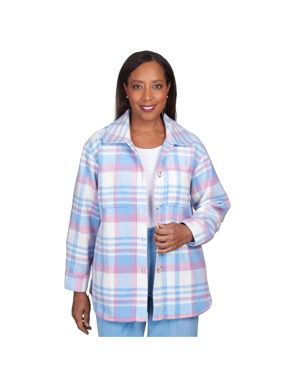 Womens Petite Collared Plaid Shirt Jacket