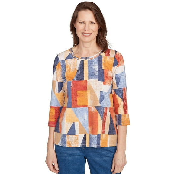 Alfred Dunner Womens Petite Colorblock Detailed Neckline Top