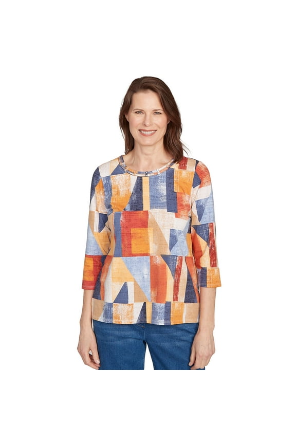 Womens Petite Colorblock Detailed Neckline Top