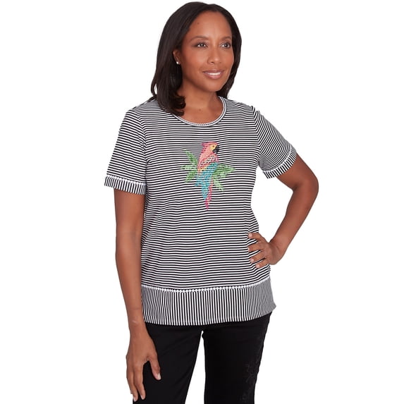Alfred Dunner Womens Petite Crewneck Parrot Striped Tee