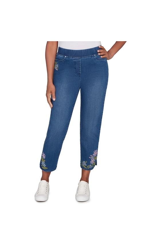 Womens Petite Cross Stitch Flower Embroidery Ankle Pant