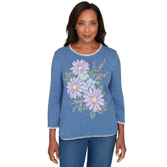 Alfred Dunner Womens Petite Cross Stitched Floral Pullover Sweater