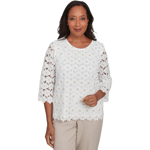 Alfred Dunner Womens Petite Daisy Woven Lace Crew Neck Top