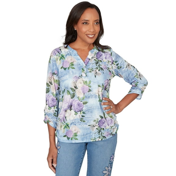 Alfred Dunner Womens Petite Denim Floral Applique Henley Top