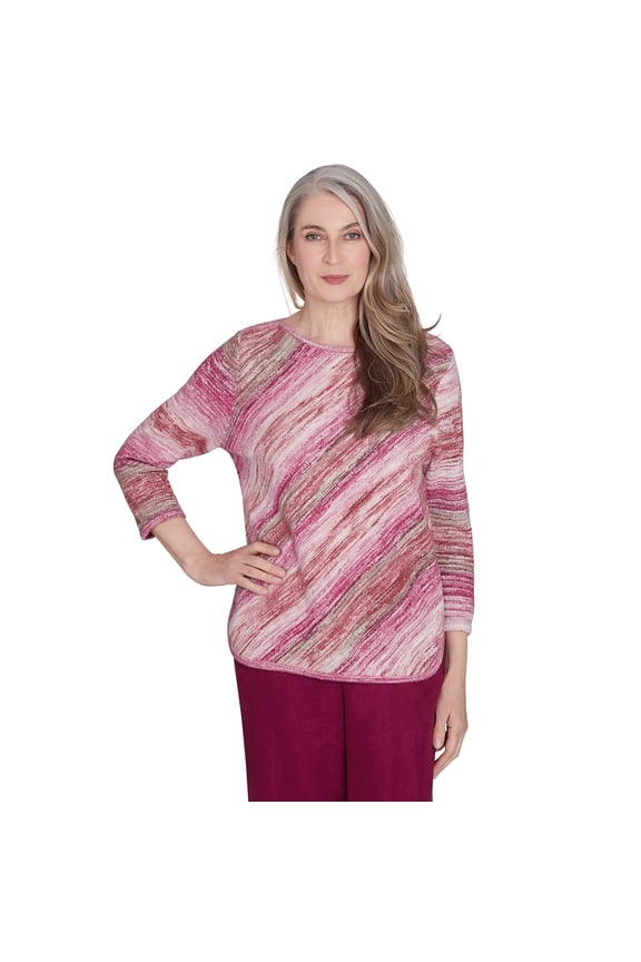 Womens Petite Diagonal Space Dye Crew Neck Sweater