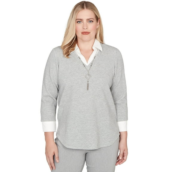 Alfred Dunner Womens Petite Diamond Jacquard Two In One Top With Necklace