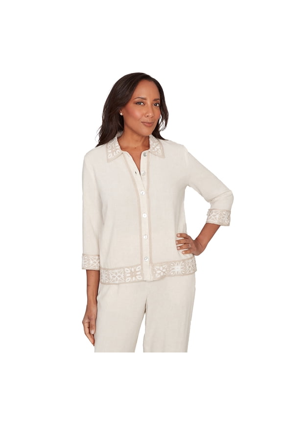 Womens Petite Embellished Crochet Trim Linen Jacket