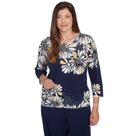 Alfred Dunner Womens Petite Embellished Daisy Crew Neck Sweater
