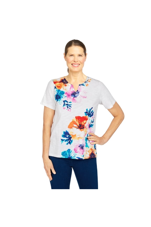 Womens Petite Embellished Textured Floral Knit Top