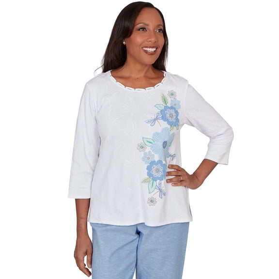 Alfred Dunner Womens Petite Embroidered Dragonfly Floral Top