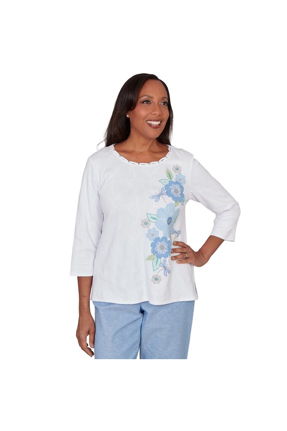 Womens Petite Embroidered Dragonfly Floral Top