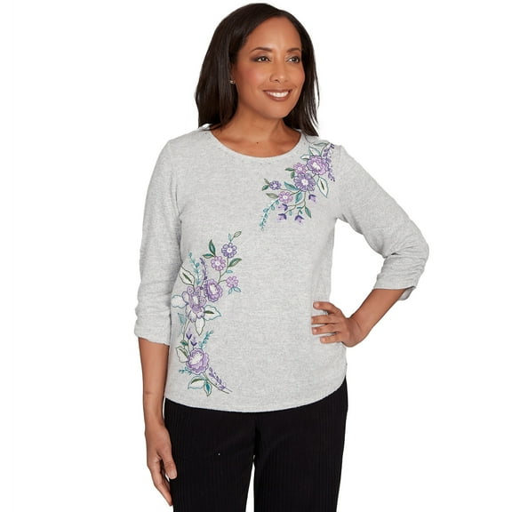 Alfred Dunner Womens Petite Embroidered Flowers With Side Tie Ruching Top