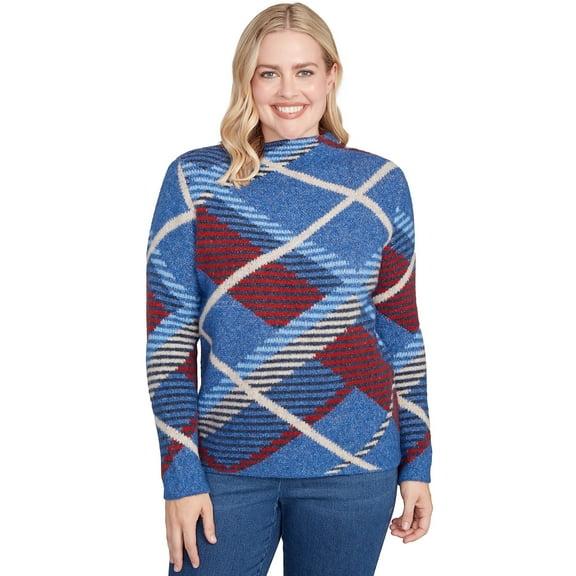 Alfred Dunner Womens Petite Exploded Plaid Mock Neck Sweater