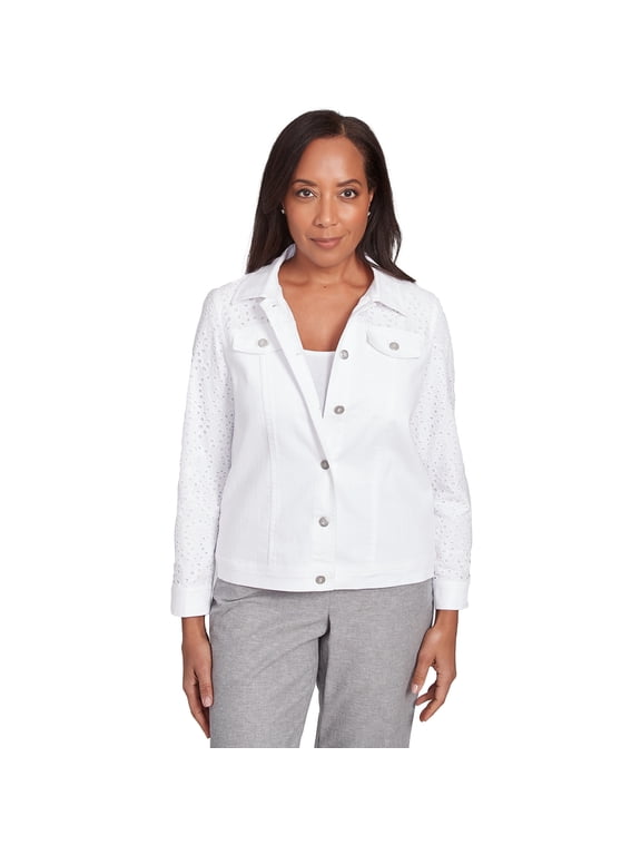 Womens Petite Eyelet Denim Long Sleeve Jacket