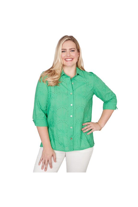 Womens Petite Eyelet Palm Tree Button Front Top