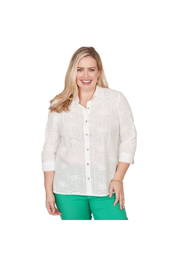 Womens Petite Eyelet Palm Tree Button Front Top