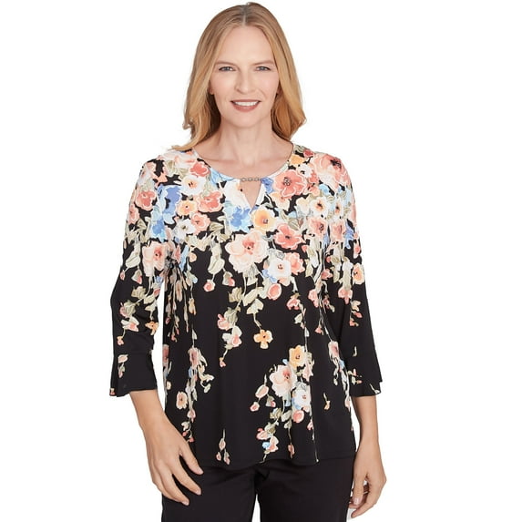 Alfred Dunner Womens Petite Falling Flower Beaded Split Neck Top