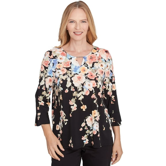 Alfred Dunner Womens Petite Falling Flower Beaded Split Neck Top