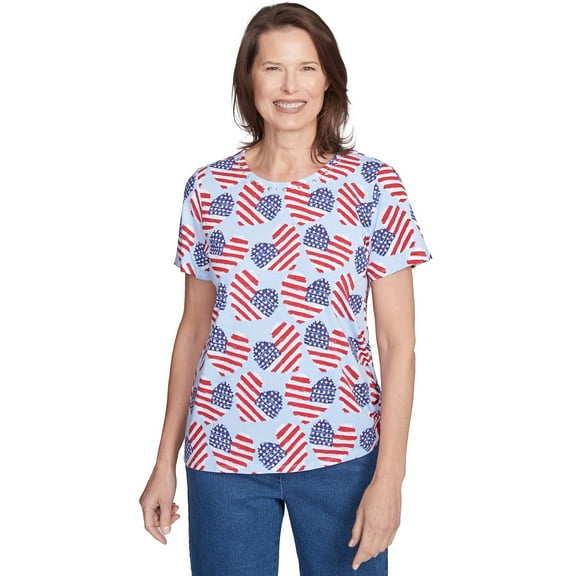 Alfred Dunner Womens Petite Flag Heart Top With Side Ruching