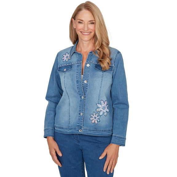 Alfred Dunner Womens Petite Floral Applique Detail Light Denim Jacket