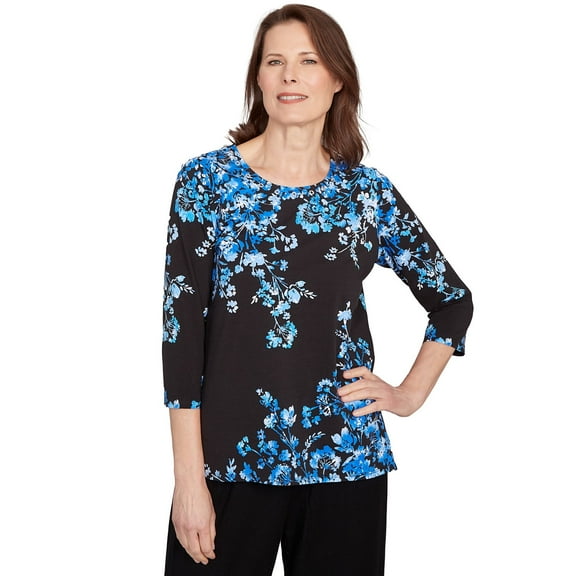 Alfred Dunner Womens Petite Floral Asymmetric Three Quarter Sleeve Top
