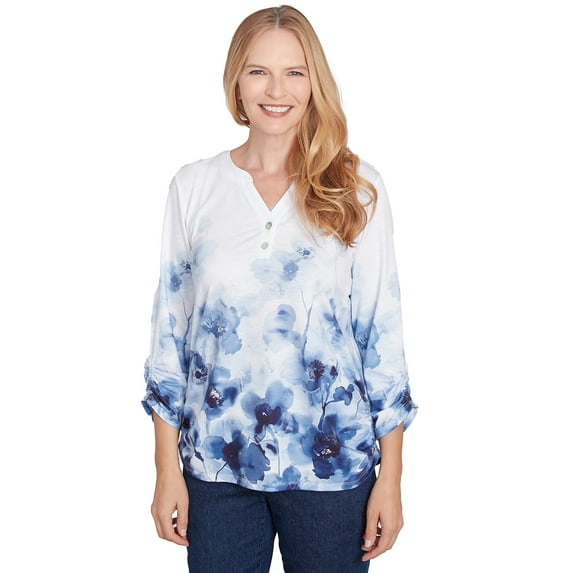 Alfred Dunner Womens Petite Floral Border Ruched Sleeve Henley Top