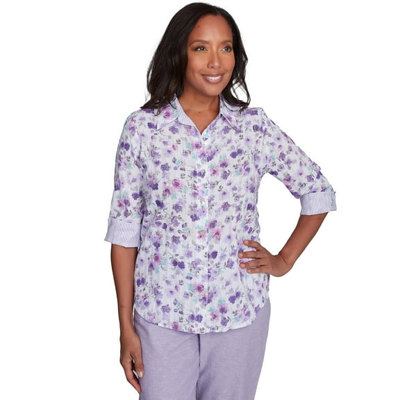 Alfred Dunner Womens Petite Floral Contrast Cuff Button Down Top