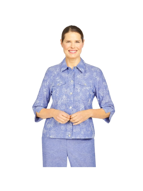 Womens Petite Floral Embroidered Chambray Jacket