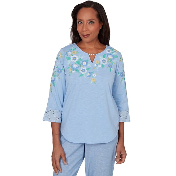 Alfred Dunner Womens Petite Floral Embroidered Split Neck Top