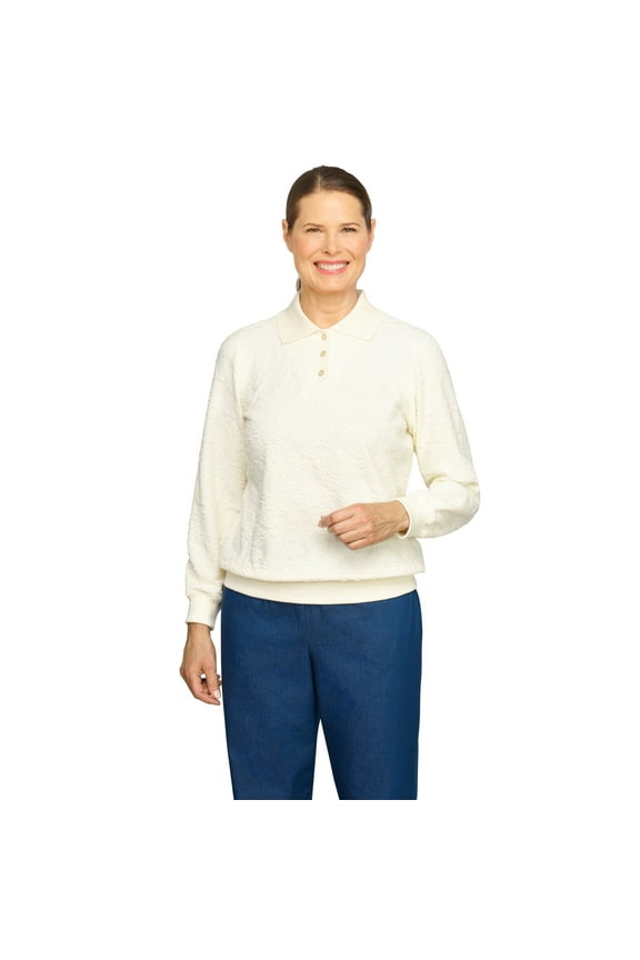 Womens Petite Classic Floral Jacquard Top With Button Detailed Ribbed Collar