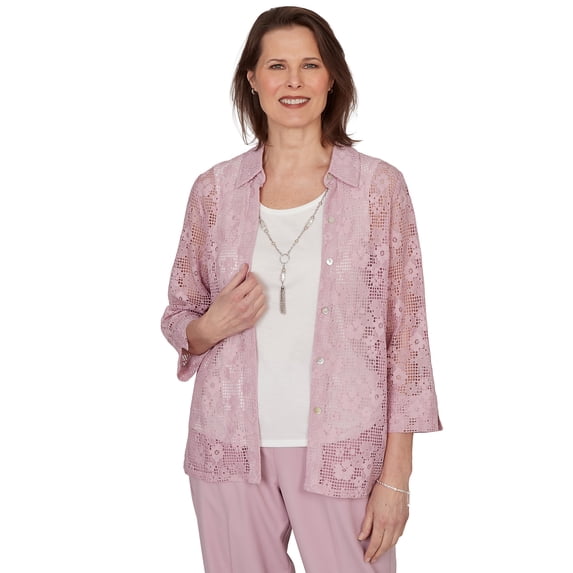Alfred Dunner Womens Petite Floral Lace Two In One Top With Necklace