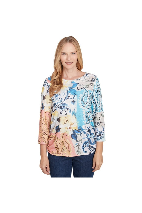 Womens Petite Floral Patch Drawstring Top