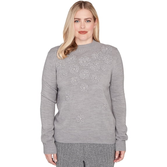 Alfred Dunner Womens Petite Floral Soutache Embroidered Sweater